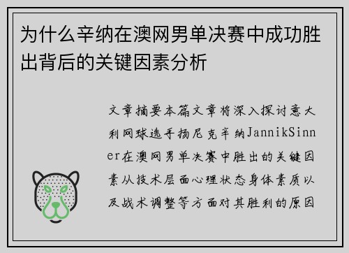 为什么辛纳在澳网男单决赛中成功胜出背后的关键因素分析 为什么辛纳在澳网男单决赛中成功胜出背后的关键因素分析