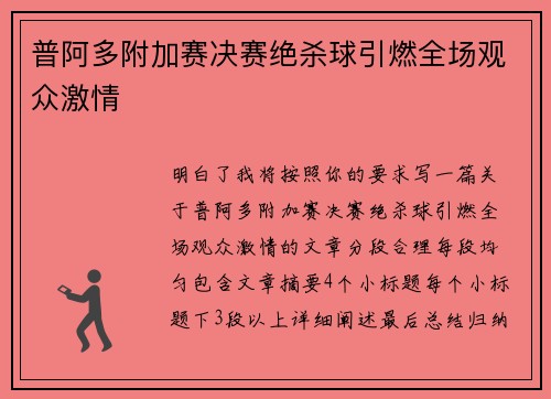 普阿多附加赛决赛绝杀球引燃全场观众激情