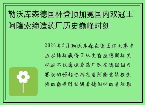 勒沃库森德国杯登顶加冕国内双冠王阿隆索缔造药厂历史巅峰时刻