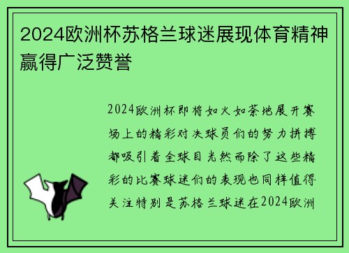 2024欧洲杯苏格兰球迷展现体育精神赢得广泛赞誉